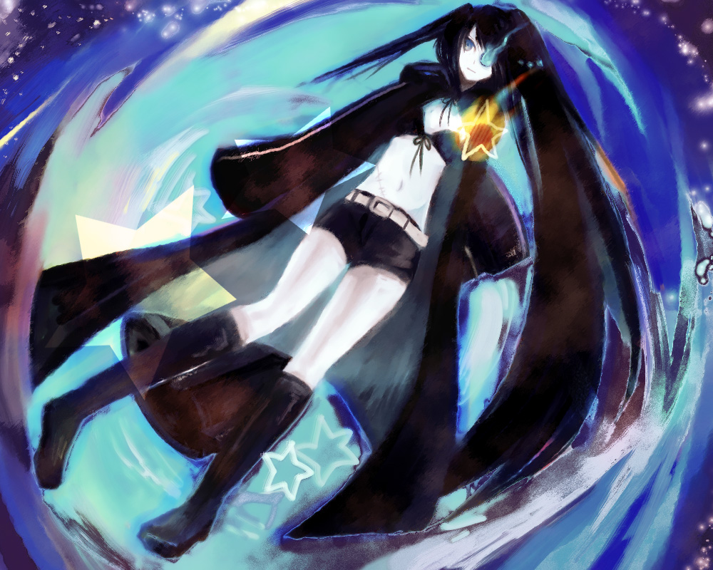 bad_id bangs belt bikini_top black_hair black_rock_shooter black_rock_shooter_(character) blue_eyes boots chain coat flat_chest front-tie_top glowing glowing_eyes gun hood hooded_jacket ikuryomaga jacket knee_boots long_hair midriff navel pale_skin scar short_shorts shorts solo star twintails uneven_twintails very_long_hair weapon