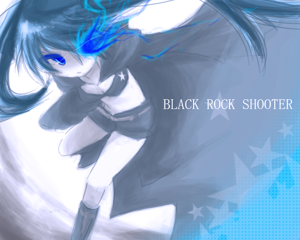 bangs belt bikini_top black_hair black_rock_shooter black_rock_shooter_(character) blue_eyes boots coat efu flat_chest glowing glowing_eyes hatsune_miku hood hooded_jacket jacket knee_boots long_hair midriff navel pale_skin short_shorts shorts solo star twintails uneven_twintails very_long_hair vocaloid