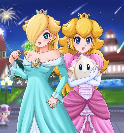 blonde_hair blue_eyes crown dress earrings elbow_gloves gloves green_eyes hat jewelry luma nintendo princess_peach rosalina sigurdhosenfeld star_bit super_mario_bros. super_mario_galaxy toad wand