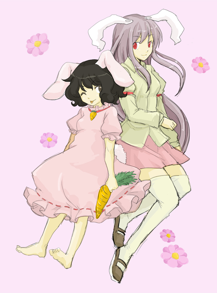 alternate_color animal_ears barefoot black_hair brown_eyes bunny_ears bunny_tail carrot dress floral_background inaba_tewi pink_dress purple_hair rabbit_ears red_eyes reisen_udongein_inaba ririvery shoes simple_background sketch smile tail thigh-highs thighhighs tomo_(artist) tongue touhou uwabaki white_legwear wink