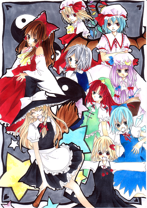 bad_id bat_wings blonde_hair broom broom_riding brown_hair cirno closed_eyes dress flandre_scarlet gobo hakurei_reimu hat hong_meiling izayoi_sakuya kirisame_marisa patchouli_knowledge red_eyes red_hair redhead remilia_scarlet rumia smile touhou white_hair wings witch_hat yin_yang