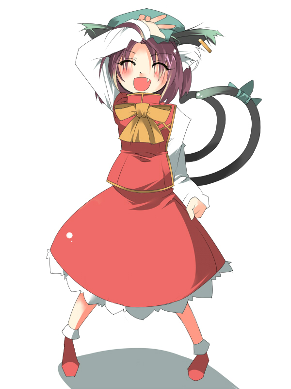 animal_ears bad_id blaze_(artist) brown_hair cat_ears cat_tail chen closed_eyes earrings fang hat jewelry multiple_tails ribbon short_hair solo tail tail_ribbon touhou