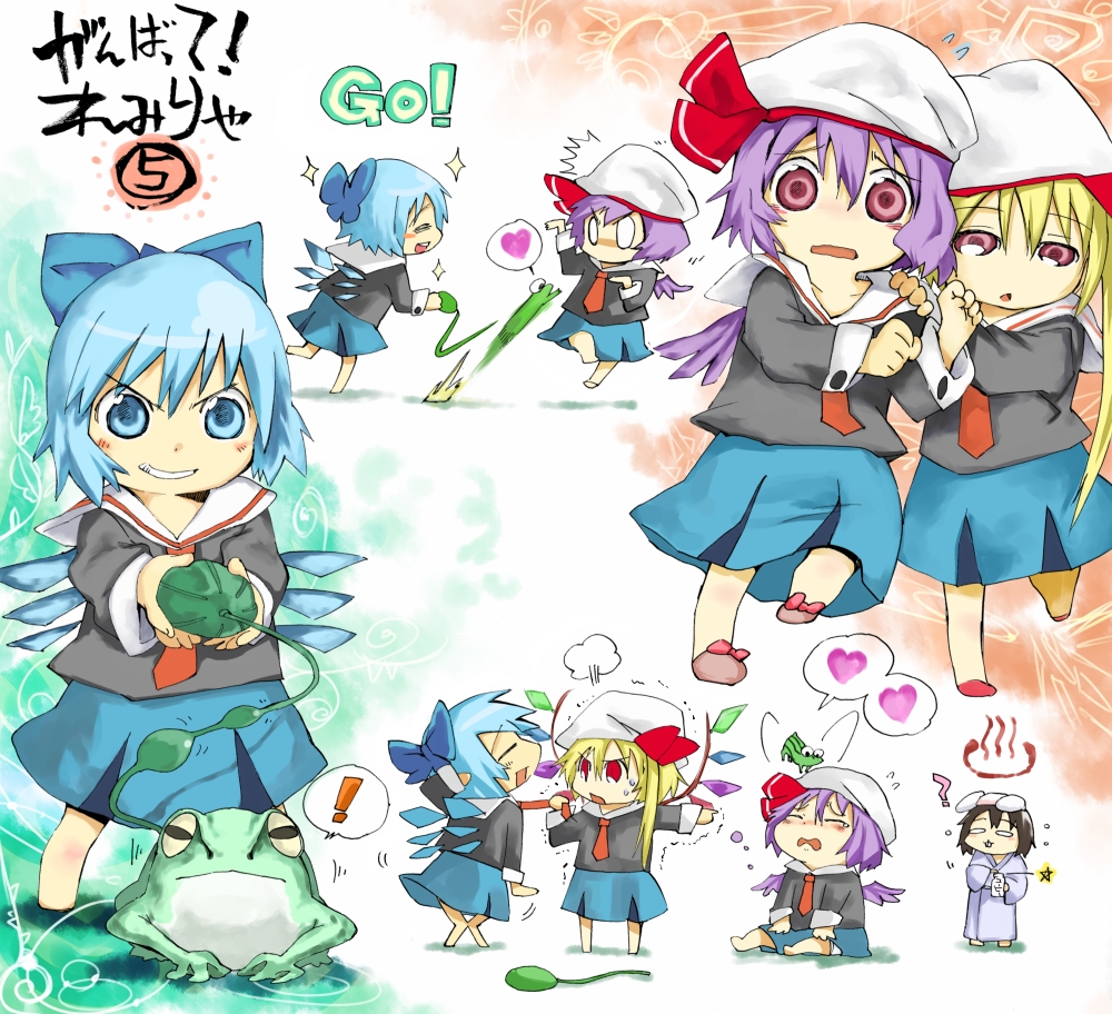 age_regression animal_ears asaki black_hair blonde_hair blue_hair bow bunny_ears child cirno flandre_scarlet frog hat inaba_tewi japanese_clothes kimono kindergarten ponytail rabbit_ears remilia_scarlet school_uniform short_hair tears touhou wings young