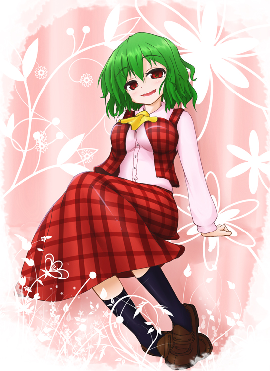 breasts green_hair impossible_clothes impossible_shirt impossible_vest kazami_yuuka pilky plaid plaid_skirt plaid_vest shirt short_hair sitting skirt skirt_set smile tartan touhou