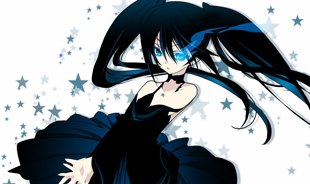 bare_shoulders black_dress black_hair black_rock_shooter black_rock_shooter_(character) blade_(lovewn) blue_eyes choker dress glowing glowing_eyes hands_clasped long_hair nail_polish pale_skin solo star twintails uneven_twintails v_arms very_long_hair