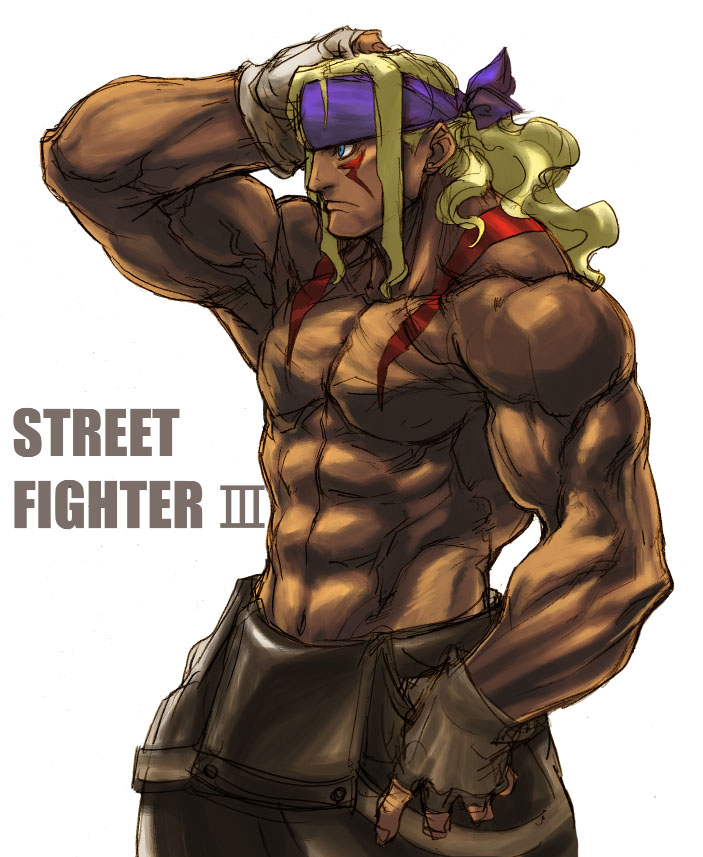 3rd_strike alex bare_shoulders blonde_hair blue_eyes capcom downsuspenders fingerless_gloves gloves headband kimuchi male muscle overalls shirtless solo street_fighter street_fighter_iii street_fighter_iii:_3rd_strike streetfighter suspenders white_background