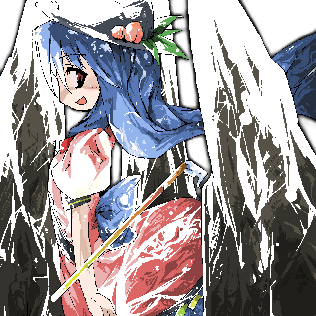 cusui food fruit hat hinanawi_tenshi long_hair peach peaches red_eyes touhou