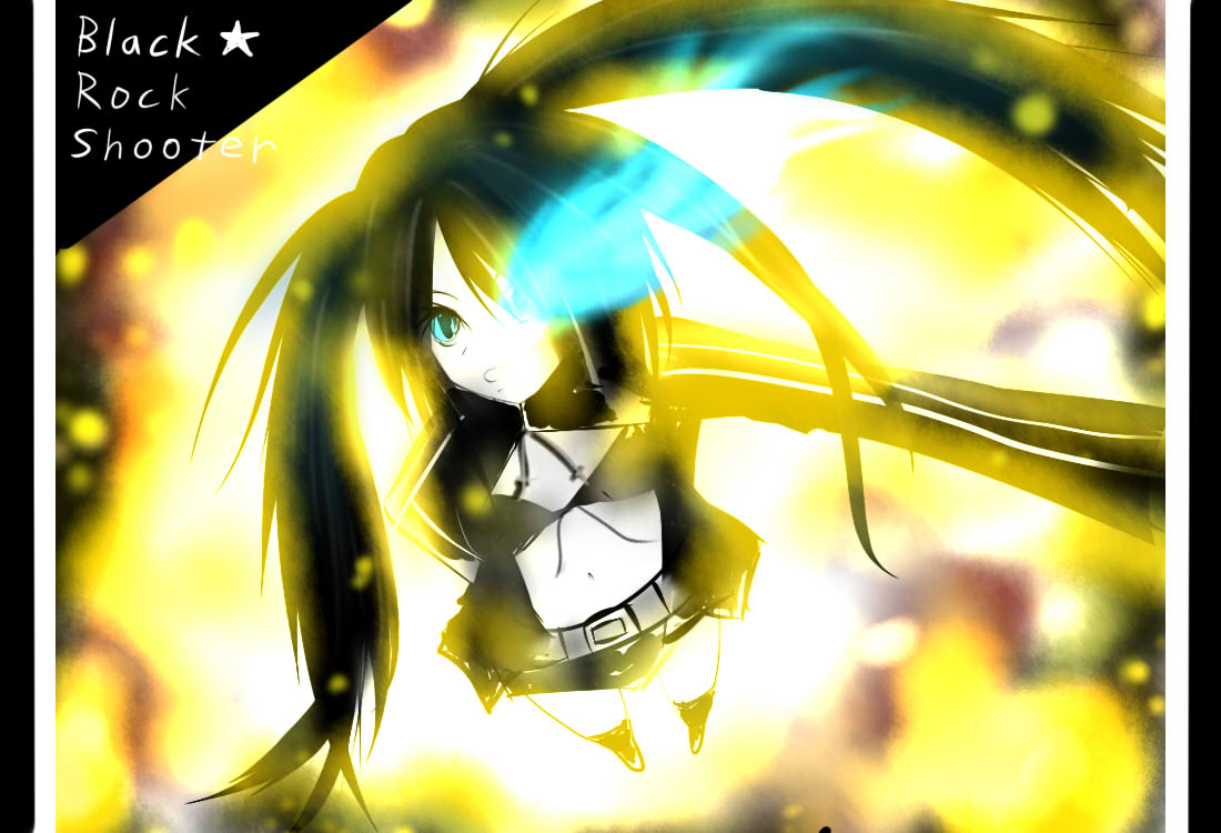 belt bikini_top black_hair black_rock_shooter black_rock_shooter_(character) blue_eyes boots coat flat_chest front-tie_top gloves glowing glowing_eyes green_eyes hatsune_miku hood hooded_jacket jacket knee_boots long_hair midriff navel pale_skin short_shorts shorts solo star tando twintails uneven_twintails very_long_hair vocaloid