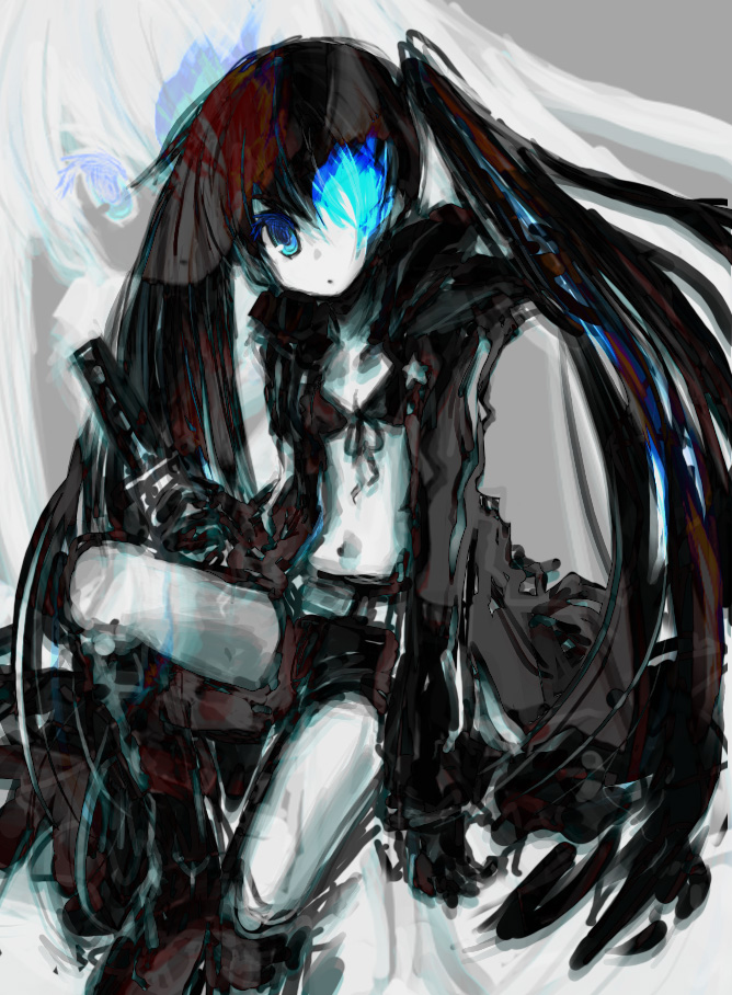 bad_id bangs belt bikini_top black_hair black_rock_shooter black_rock_shooter_(character) blue_eyes boots coat flat_chest front-tie_top gloves glowing glowing_eyes hatsune_miku hood hooded_jacket jacket katana knee_boots long_hair midriff navel pale_skin short_shorts shorts solo star sword twintails uneven_twintails very_long_hair vocaloid weapon zoom_layer