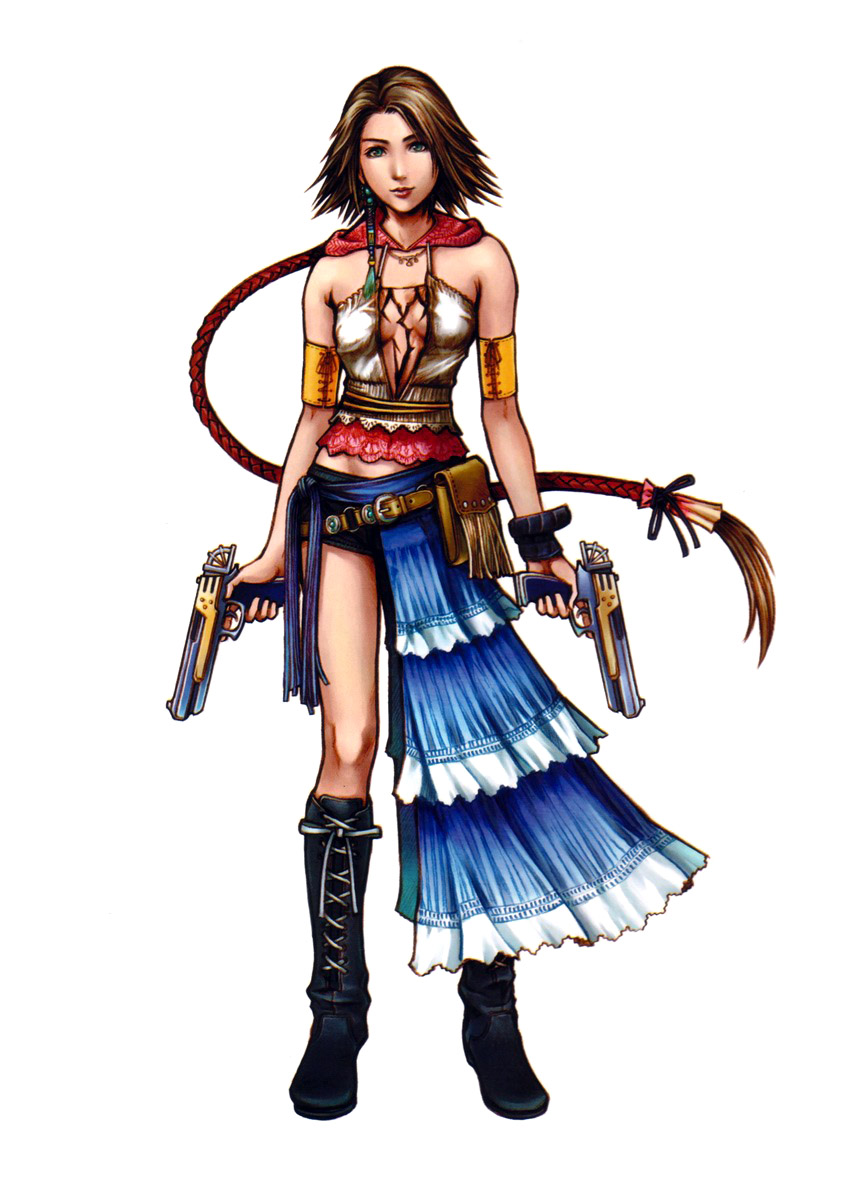 1girl armband belt belt_pouch boots brown_hair center_opening closed_mouth cross-laced_footwear dual_guns dual_wielding female final_fantasy final_fantasy_x final_fantasy_x-2 full_body gun hair_ornament handgun heterochromia highres holding holding_gun holding_weapon jewelry knee_boots lace-up_boots lips long_hair necklace nomura_tetsuya official_art pistol short_hair short_shorts shorts showgirl_skirt simple_background sleeveless solo standing weapon white_background yuna