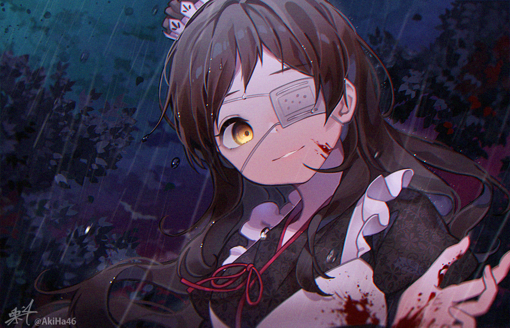 1girl apron black_kimono blood bloody_clothes bloody_hands brown_eyes brown_hair commentary_request eyebrows_visible_through_hair eyepatch frilled_apron frills idolmaster idolmaster_million_live! idolmaster_million_live!_theater_days japanese_clothes kimono kitazawa_shiho kuri_choko long_hair looking_at_viewer medical_eyepatch night outdoors parted_lips rain red_ribbon revision ribbon signature solo tree twitter_username upper_body white_apron