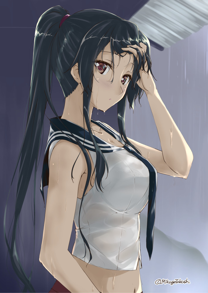 1girl bangs blue_hair breasts brown_eyes eyebrows_visible_through_hair hand_in_hair kantai_collection large_breasts long_hair mikage_takashi navel open_mouth ponytail rain sailor_collar sidelocks sleeveless solo twitter_username upper_body wet wet_clothes wet_hair yahagi_(kantai_collection)