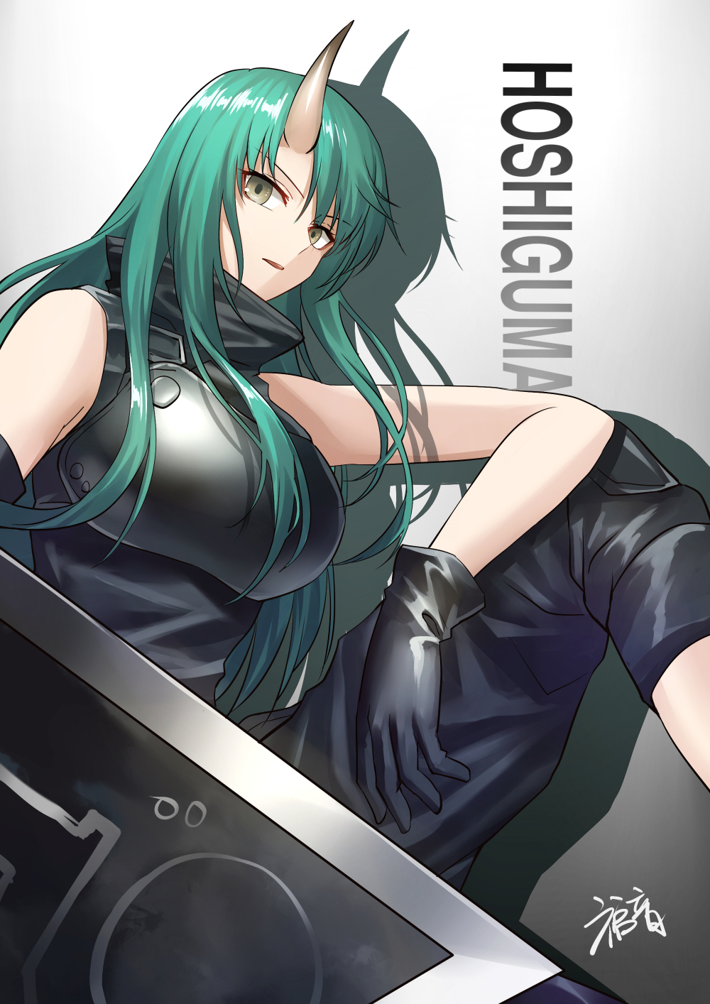 1girl arknights armor bangs bare_arms bare_shoulders black_gloves black_pants black_shirt breastplate breasts character_name drop_shadow eyebrows_visible_through_hair feet_out_of_frame gloves gogatsu_fukuin gradient gradient_background green_hair grey_background grey_eyes hair_between_eyes hannya_(arknights) high_collar highres horn hoshiguma_(arknights) knee_up large_breasts long_hair looking_at_viewer pants parted_lips shield shirt signature sitting sleeveless sleeveless_shirt solo