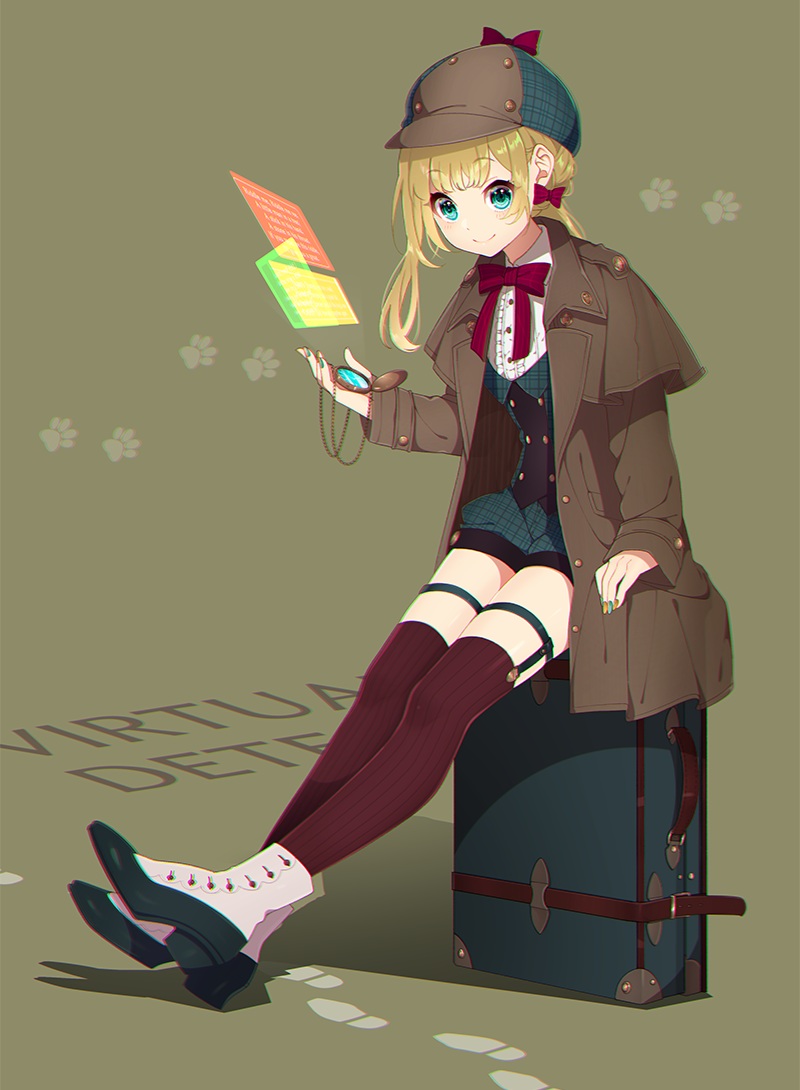 1girl aqua_eyes bangs blonde_hair boots bow bowtie brown_coat brown_headwear coat detective green_background green_shorts green_vest hair_bow hat hat_bow high_heel_boots high_heels holding holding_pocket_watch long_sleeves looking_at_viewer mamyouda original paw_print_background pinstripe_legwear plaid plaid_shorts plaid_vest pocket_watch red_bow red_legwear shirt shorts sitting sitting_on_object smile solo suitcase thigh-highs thigh_strap two-tone_footwear vest watch white_shirt