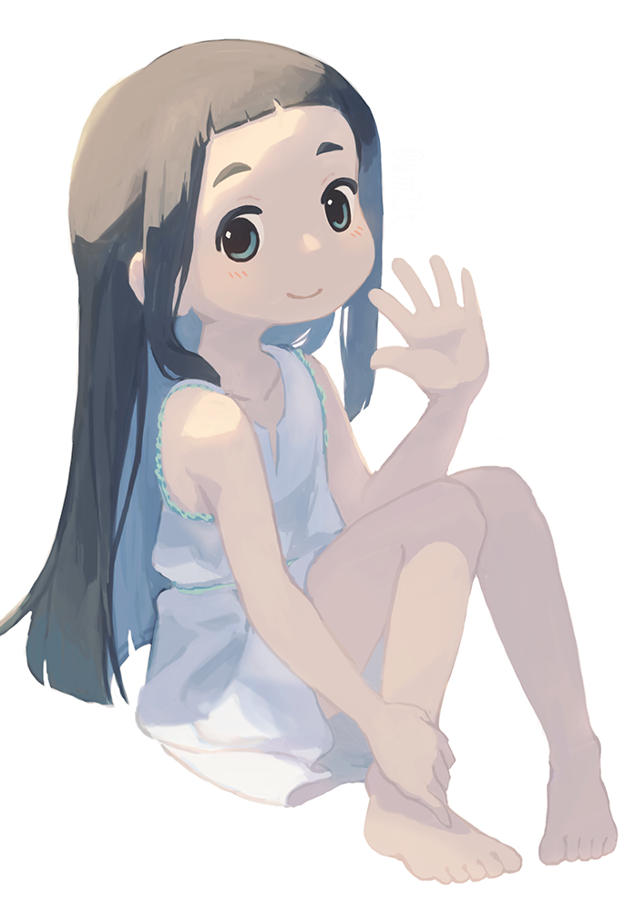 1girl barefoot black_hair child dress goto_hime kakushigoto long_hair sitting sleeveless sleeveless_dress smile solo tekitoamt_(amati) white_background white_dress