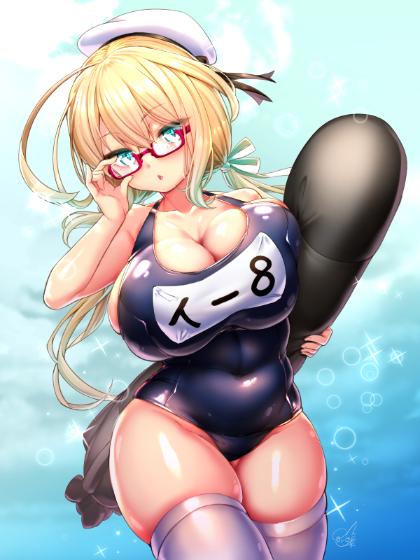 blonde_hair blue_eyes blue_swimsuit breasts covered_navel doyouwantto glasses hair_ribbon hat i-8_(kantai_collection) kantai_collection kneehighs large_breasts looking_at_viewer military_hat one-piece_swimsuit open_mouth ribbon sailor_hat school_swimsuit swimsuit torpedo twintails white_legwear