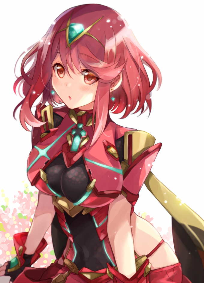 1girl :o bangs blush breasts chest_jewel earrings eyebrows_visible_through_hair fingerless_gloves gem gloves pyra_(xenoblade) jewelry konoha2014 large_breasts red_eyes redhead short_hair simple_background skindentation solo swept_bangs tiara white_background xenoblade_(series) xenoblade_2