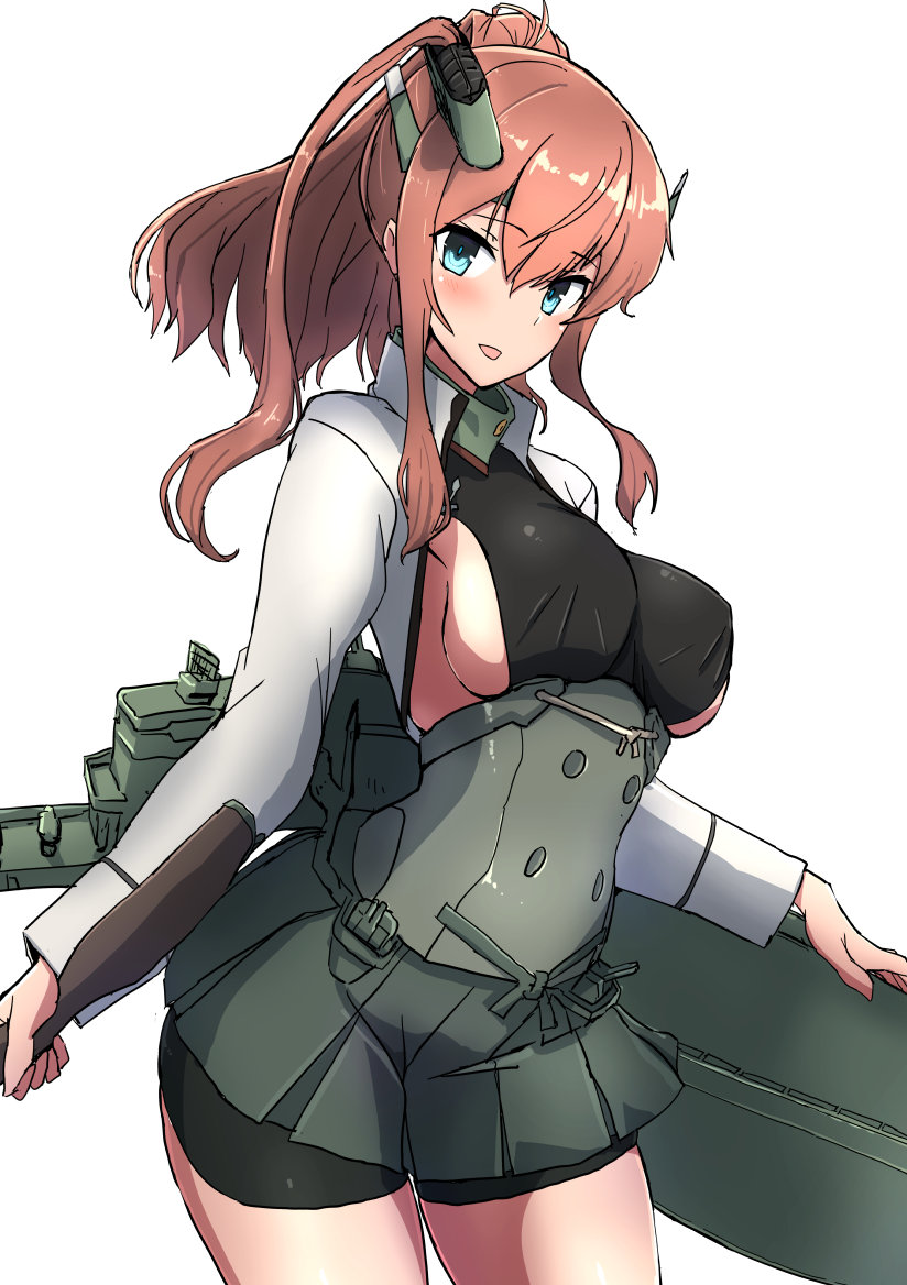 1girl bangs bike_shorts blue_eyes blush breasts brown_hair comala_(komma_la) cosplay eyebrows_visible_through_hair hair_ornament holding holding_weapon kantai_collection large_breasts long_hair long_sleeves open_mouth ponytail rigging saratoga_(kantai_collection) shorts shorts_under_skirt side_ponytail sideboob simple_background skirt smokestack smokestack_hair_ornament solo taihou_(kantai_collection) taihou_(kantai_collection)_(cosplay) weapon white_background