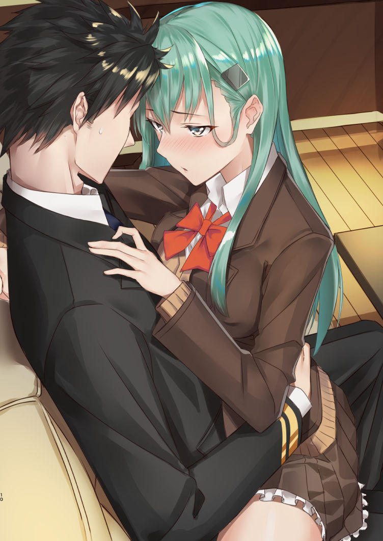 1boy 1girl admiral_(kantai_collection) aqua_eyes aqua_hair black_hair blue_bow blue_neckwear blush bow bowtie breasts brown_jacket brown_skirt cardigan collared_shirt couch dress_shirt hair_ornament hairclip hand_on_another's_chest hug indoors jacket kantai_collection large_breasts long_hair looking_at_another military military_uniform necktie open_clothes open_jacket pallad petticoat red_bow red_neckwear remodel_(kantai_collection) shirt sitting skirt spiky_hair straddling suzuya_(kantai_collection) uniform white_shirt