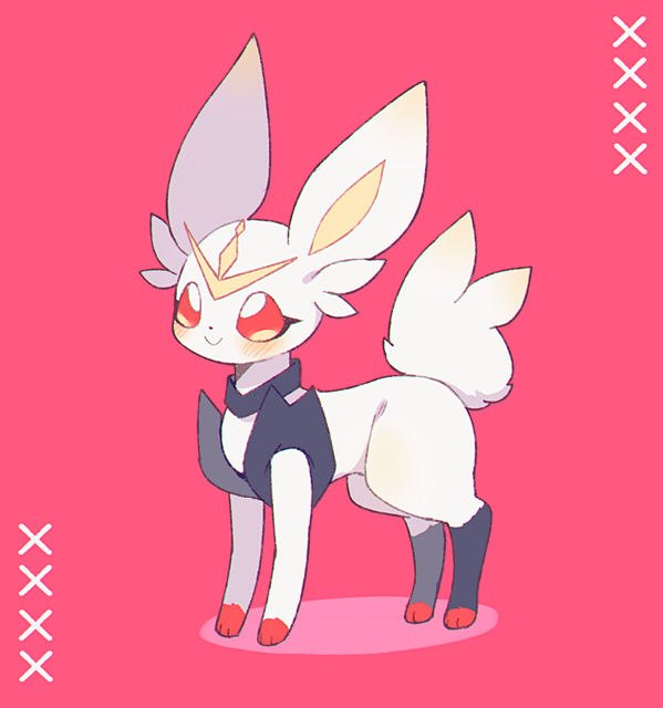 blush brown_eyes cinderace clarevoir closed_mouth commentary commission creature english_commentary full_body fusion gen_6_pokemon gen_8_pokemon no_humans pokemon pokemon_(creature) simple_background smile solo standing sylveon