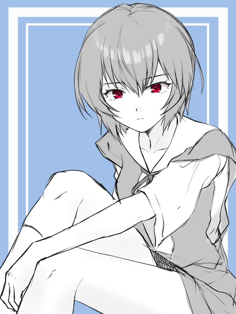 1girl ayanami_rei bangs closed_mouth expressionless eyebrows_visible_through_hair hair_between_eyes honami_(yths4221) looking_at_viewer neon_genesis_evangelion red_eyes short_hair short_sleeves sitting solo spot_color two-tone_background