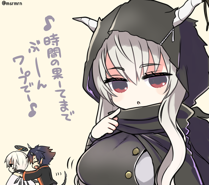 1girl 2boys :d :o arknights bangs beige_background black_cape black_jacket blue_hair breasts cape closed_eyes executor_(arknights) eyebrows_visible_through_hair fang flamebringer_(arknights) grey_hair hair_between_eyes halo hand_up hood hood_up horns horns_through_headwear index_finger_raised jacket large_breasts long_hair looking_at_viewer marshmallow_mille multiple_boys open_mouth parted_lips pointy_ears profile red_eyes shining_(arknights) sideways_mouth simple_background smile tail translation_request twitter_username white_cape