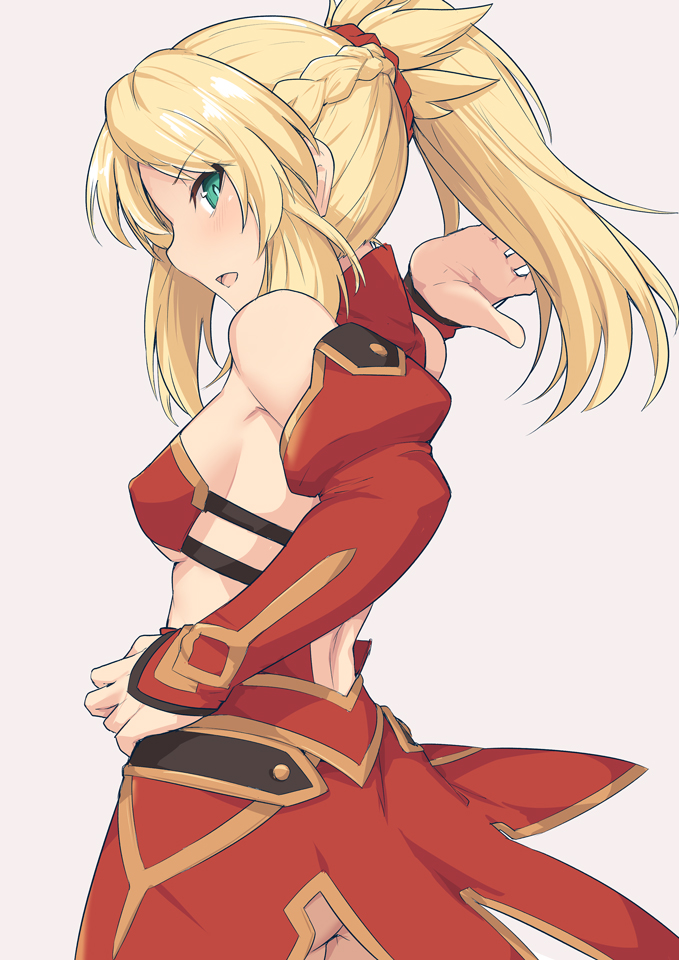 1girl ass bangs bare_shoulders blonde_hair blush braid breasts detached_sleeves eyebrows_visible_through_hair fate/apocrypha fate_(series) from_side green_eyes hair_ornament hair_scrunchie long_hair looking_at_viewer medium_breasts mordred_(fate) mordred_(fate)_(all) open_mouth ponytail red_scrunchie red_sleeves scrunchie shiseki_hirame simple_background solo white_background