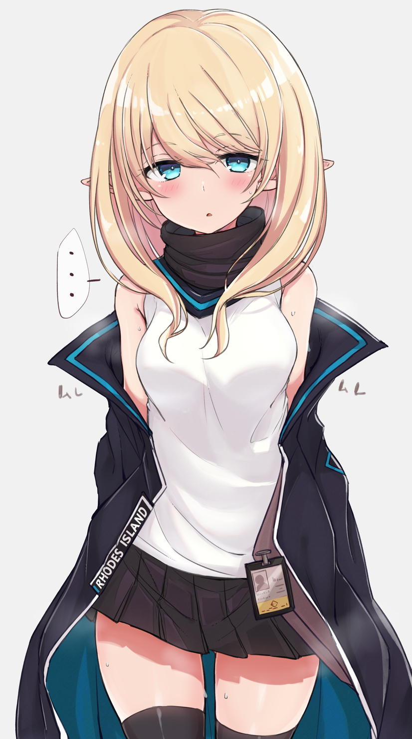 ... 1girl :o arknights bangs bare_shoulders black_skirt blonde_hair blush breasts commentary_request durin_(arknights) eyebrows_visible_through_hair grey_background highres jacket long_hair long_sleeves looking_at_viewer medium_breasts nonono_(mino) open_mouth pleated_skirt pointy_ears shirt simple_background skirt sleeveless sleeveless_shirt solo thigh-highs white_shirt