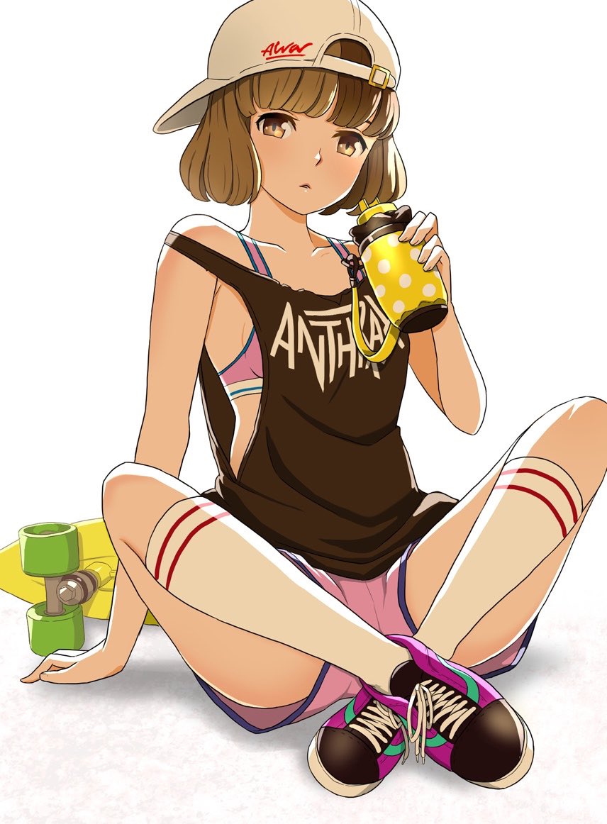 1girl backwards_hat bangs baseball_cap black_shirt blunt_bangs bob_cut bottle brown_eyes brown_hair closed_mouth clothes_writing commentary cross-laced_footwear double_horizontal_stripe full_body gym_shorts hat holding holding_bottle indian_style katouken_(ktn-works) original pink_shorts pink_sports_bra purple_footwear shirt shoes short_hair short_shorts shorts sitting skateboard sneakers socks solo tank_top water_bottle white_background white_headwear white_legwear