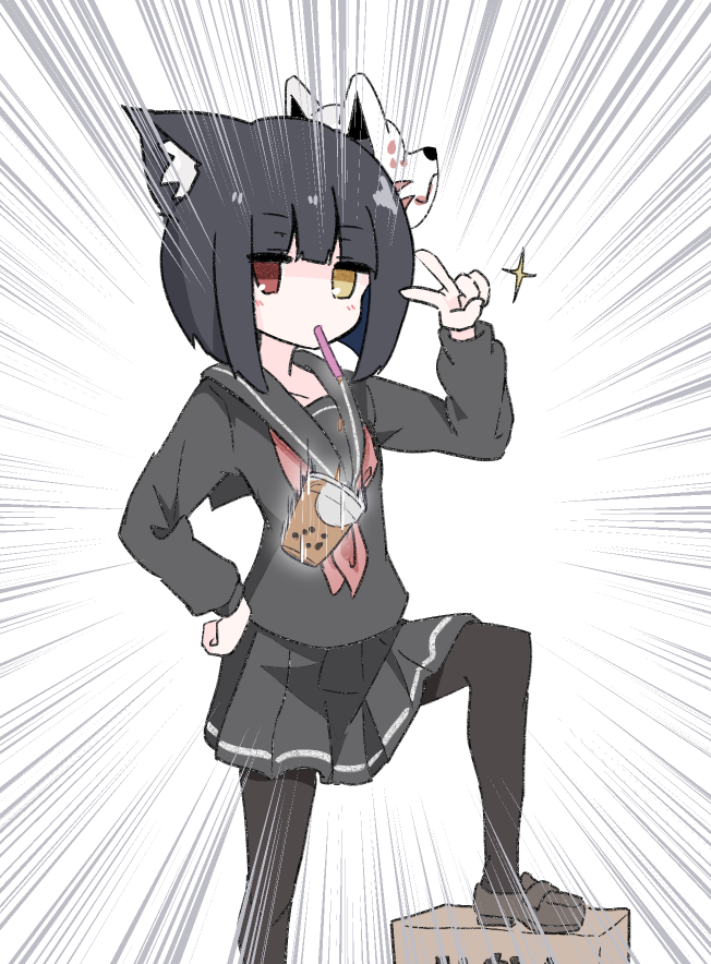 1girl animal_ears bangs black_footwear black_legwear black_skirt blunt_bangs blush bubble_tea bubble_tea_challenge cat_ears drinking_straw dropping emphasis_lines eyebrows_visible_through_hair fox_mask hand_on_hip hand_up heterochromia kuchinashi_(not_on_shana) long_sleeves looking_at_viewer mary_janes mask mask_on_head not_on_shana original pantyhose pleated_skirt school_uniform serafuku shoes skirt solo v