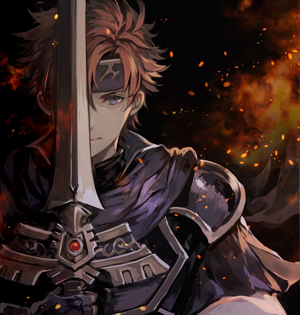 1boy armor binding_blade_(weapon) black_background blue_cape blue_eyes blue_gloves cape closed_mouth commentary embers fire fire_emblem fire_emblem:_the_binding_blade gloves hair_between_eyes headband looking_at_viewer one_eye_covered orange_hair roy_(fire_emblem) senano-yu short_hair simple_background solo spiky_hair upper_body