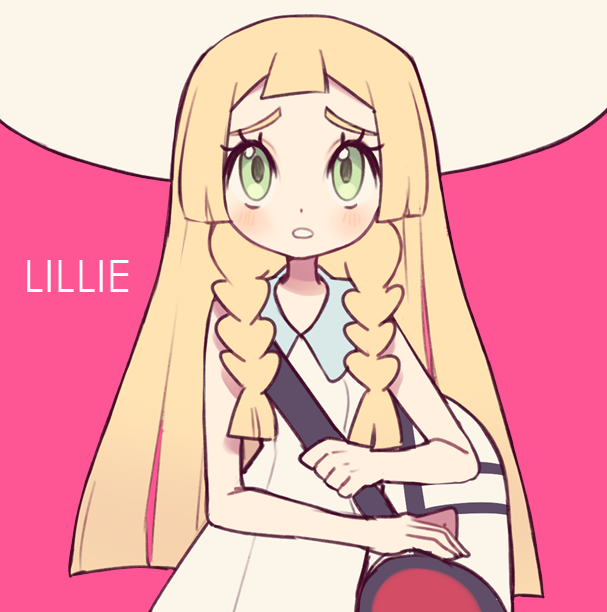 1girl bag blonde_hair braid character_name clarevoir commentary english_commentary eyelashes green_eyes lillie_(pokemon) long_hair pokemon pokemon_(game) pokemon_sm purple_background simple_background solo twin_braids upper_body