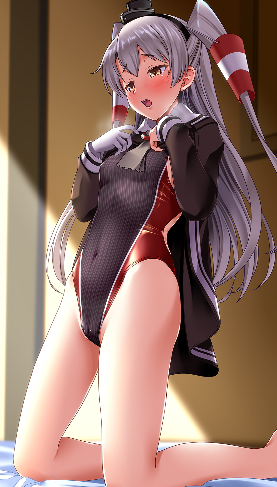 1girl amatsukaze_(kantai_collection) black_swimsuit blush breasts breath brown_dress brown_eyes competition_swimsuit covered_navel door dress dress_lift eyebrows_visible_through_hair gloves hair_between_eyes hair_tubes hat heavy_breathing highleg highleg_swimsuit highres indoors kantai_collection kneeling mini_hat one-piece_swimsuit open_mouth red_swimsuit sailor_dress short_dress silver_hair single_glove skindentation small_breasts smokestack_hair_ornament solo sunlight swimsuit swimsuit_under_clothes tsuchimiya two_side_up windsock