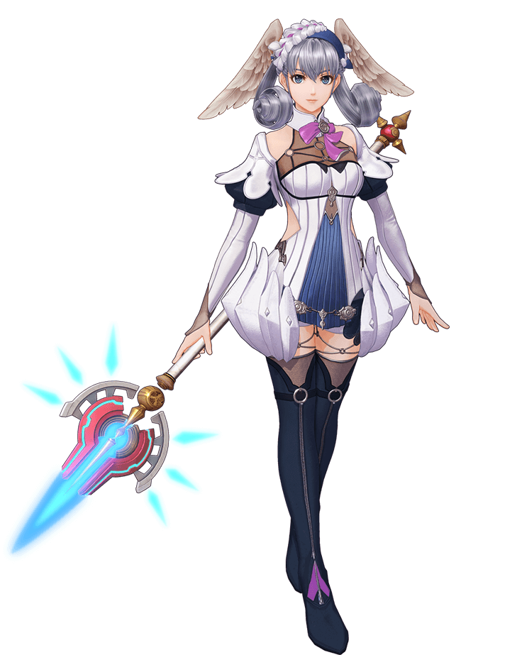 1girl 3d braid breasts crown_braid dress energy_weapon head_wings holding holding_staff looking_at_viewer medium_breasts melia official_art short_dress silver_hair solo staff thigh-highs transparent_background xenoblade_(series) xenoblade_1