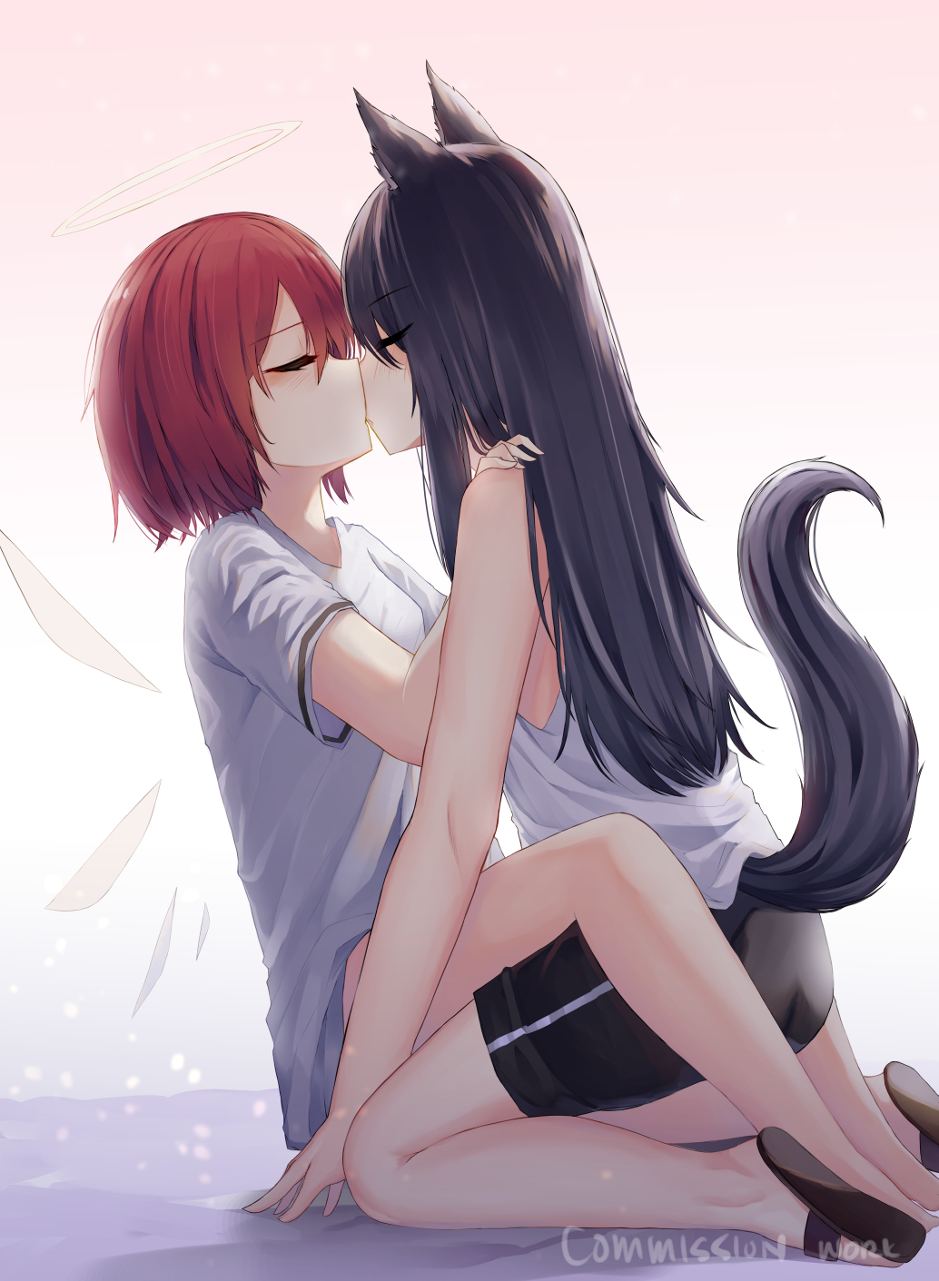 2girls animal_ears arknights bare_legs barefoot black_footwear black_hair black_shorts closed_eyes commentary commission english_commentary exusiai_(arknights) facing_another from_side gradient gradient_background halo hand_on_another's_shoulder highres kiss kneeling long_hair multiple_girls pink_background redhead shirt short_hair short_sleeves shorts sleeveless sleeveless_shirt tail texas_(arknights) thighs white_background white_shirt wolf_ears wolf_tail yatsucchie yuri