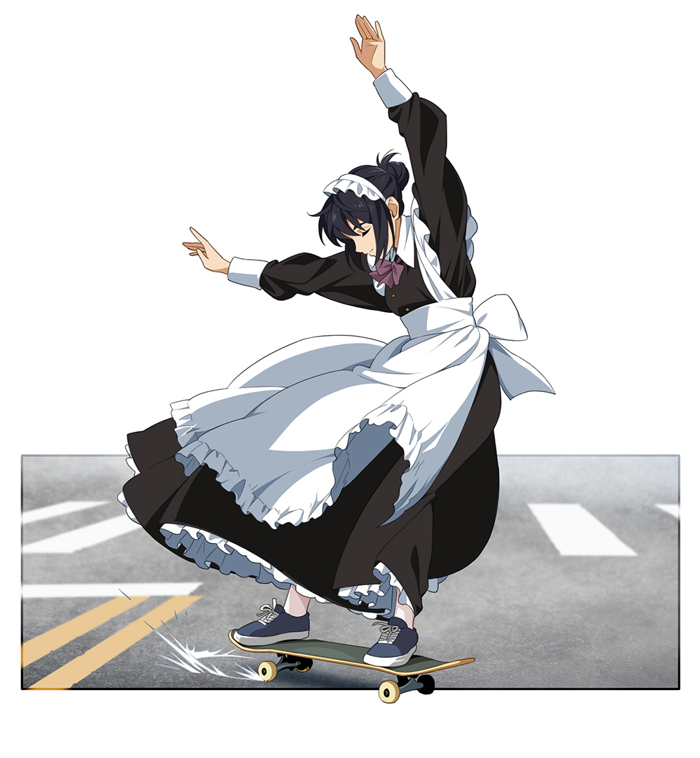 1girl apron black_hair blue_footwear closed_eyes long_sleeves maid maid_apron maid_dress maid_headdress original parking_lot shoes short_hair skateboard skateboarding sneakers solo suzushiro_(suzushiro333) white_background