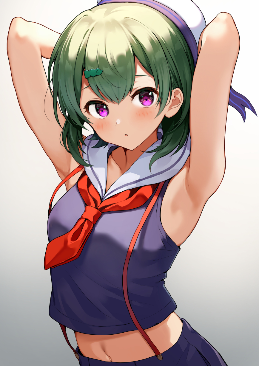 1girl :o armpits arms_behind_head arms_up bare_arms bare_shoulders beret black_shirt copyright_request crop_top crop_top_overhang gradient gradient_background green_hair hair_ornament hairclip hat highres looking_at_viewer midriff navel neckerchief nishizawa parted_lips sailor_collar school_uniform serafuku shirt short_hair sleeveless sleeveless_shirt solo suspenders upper_body violet_eyes virtual_youtuber white_headwear