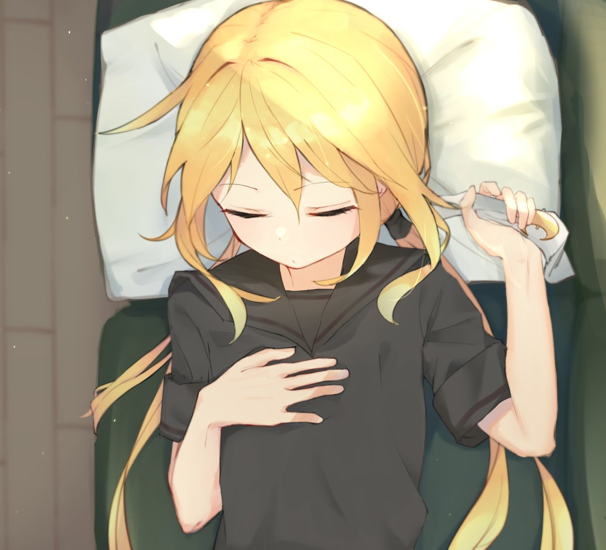 1girl black_serafuku blonde_hair commentary_request couch crescent crescent_moon_pin from_above hands_on_own_chest kantai_collection long_hair lying makkusu_(max_101010) pillow satsuki_(kantai_collection) school_uniform serafuku short_sleeves sleeping solo twintails upper_body white_neckwear