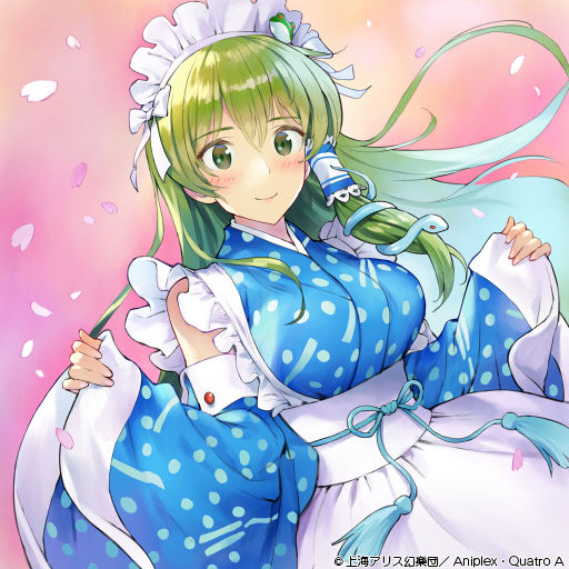 1girl alternate_costume bangs blue_kimono blush breasts commentary_request detached_sleeves enmaided eyebrows_visible_through_hair frog_hair_ornament green_eyes green_hair hair_between_eyes hair_ornament hair_tubes japanese_clothes kimono kochiya_sanae large_breasts long_hair long_sleeves looking_at_viewer maid maid_headdress matsuda_(matsukichi) petals pink_background single_sidelock smile snake_hair_ornament solo touhou touhou_cannonball upper_body wide_sleeves