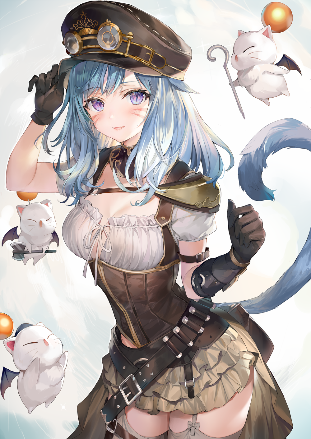 1girl animal_ears arm_belt arm_up axe belt black_gloves blue_hair brown_headwear cat_ears cat_girl cat_tail cowboy_shot facial_mark final_fantasy final_fantasy_xiv garter_straps gloves grey_legwear hand_on_headwear hat highres holding long_hair looking_at_viewer miniskirt miqo'te momoko_(momopoco) moogle open_mouth peaked_cap pouch shirt skirt slit_pupils smile tail tail_raised thigh-highs underbust violet_eyes white_shirt zettai_ryouiki