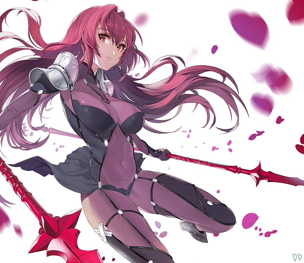 1girl bangs bodysuit breasts closed_mouth covered_navel damda fate/grand_order fate_(series) gae_bolg hair_between_eyes hair_intakes large_breasts long_hair looking_at_viewer pauldrons petals polearm purple_bodysuit purple_hair red_eyes revision scathach_(fate)_(all) scathach_(fate/grand_order) simple_background solo spear thighs weapon white_background
