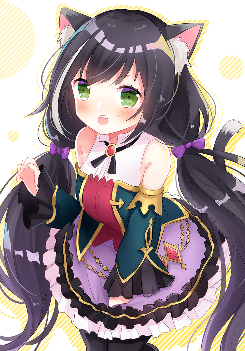 1girl :o animal_ears bangs bare_shoulders black_hair black_legwear blue_sleeves blush bow breasts cat_ears cat_girl cat_tail commentary_request detached_sleeves diagonal_stripes eyebrows_visible_through_hair fang frilled_skirt frills green_eyes hair_bow highres hinanosuke kyaru_(princess_connect) long_hair long_sleeves low_twintails medium_breasts open_mouth pantyhose princess_connect! princess_connect!_re:dive purple_bow purple_skirt shirt skirt sleeveless sleeveless_shirt sleeves_past_wrists solo striped tail twintails upper_teeth v-shaped_eyebrows very_long_hair white_shirt wide_sleeves