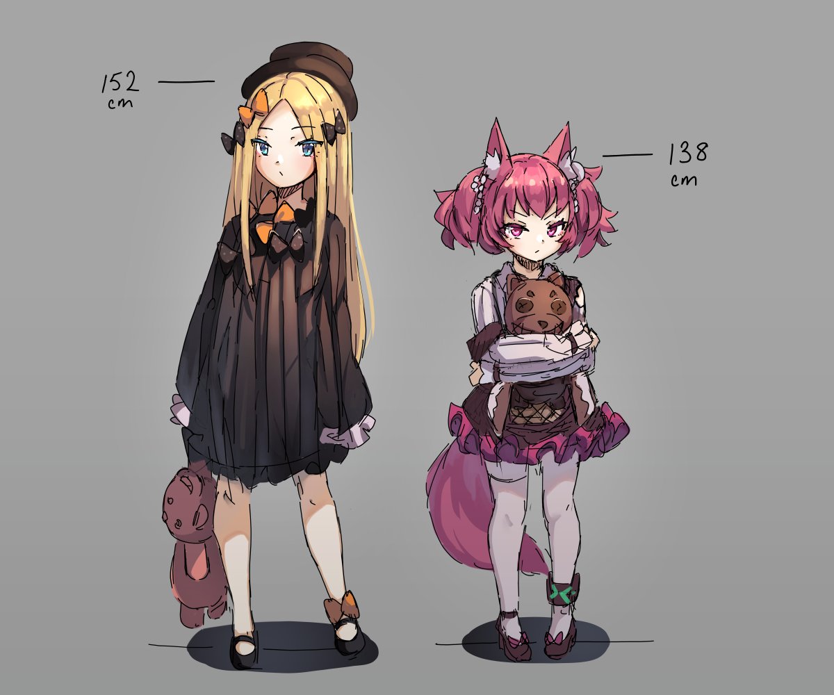 2girls abigail_williams_(fate/grand_order) animal_ear_fluff animal_ears arknights bangs black_bow black_dress black_footwear black_headwear blonde_hair blue_eyes blush bow brown_skirt closed_mouth commentary crossover dress english_commentary eyebrows_visible_through_hair fate/grand_order fate_(series) forehead frilled_skirt frills grey_background hat height_difference high_heels holding holding_stuffed_animal long_hair long_sleeves looking_at_viewer mary_janes miya_(pixiv15283026) multiple_girls object_hug orange_bow pantyhose parted_bangs pigeon-toed pink_hair shadow shamare_(arknights) shirt shoes sketch skirt sleeves_past_fingers sleeves_past_wrists standing stuffed_animal stuffed_toy tail teddy_bear twintails very_long_hair white_legwear white_shirt