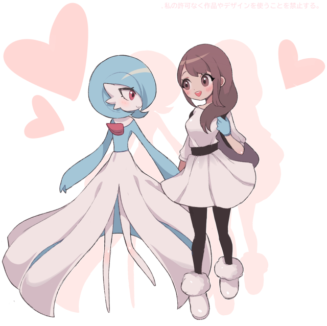 2girls :d blush brown_hair clarevoir closed_mouth commentary creature dress english_commentary eye_contact gardevoir gen_3_pokemon heart holding_hands long_hair looking_at_another multiple_girls open_mouth original pokemon pokemon_(creature) shoes simple_background smile white_background white_dress white_footwear