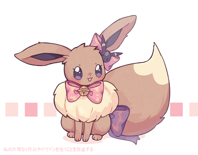 :d clarevoir commentary commission creature ear_ribbon eevee english_commentary full_body gen_1_pokemon gen_2_pokemon happy looking_at_viewer neck_ribbon no_humans open_mouth pink_ribbon pokemon pokemon_(creature) purple_ribbon ribbon sitting smile solo tail tail_ribbon translation_request umbreon violet_eyes
