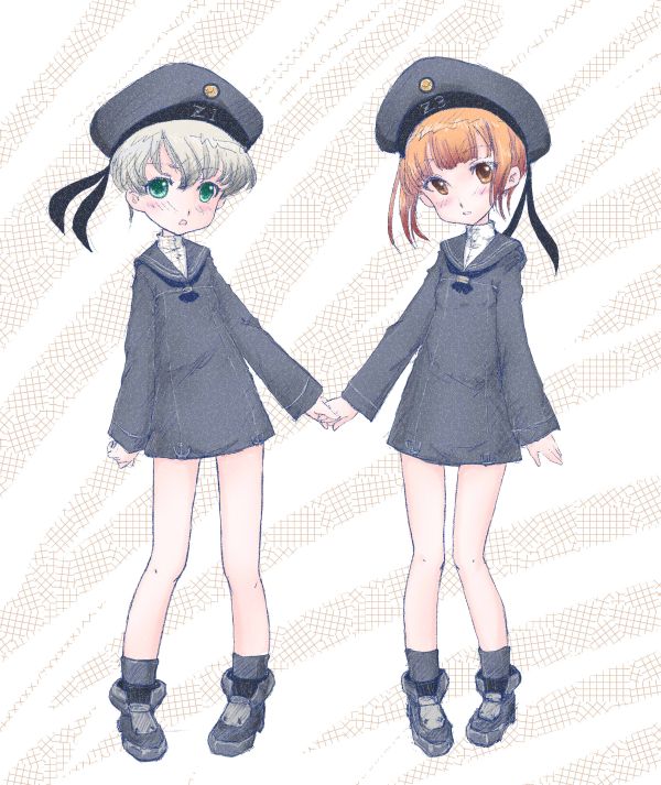 2girls blue_dress blue_headwear brown_eyes chindefu clothes_writing commentary_request dress full_body green_eyes hat holding_hands kantai_collection looking_at_viewer multiple_girls orange_hair sailor_dress sailor_hat short_hair silver_hair standing z1_leberecht_maass_(kantai_collection) z3_max_schultz_(kantai_collection)