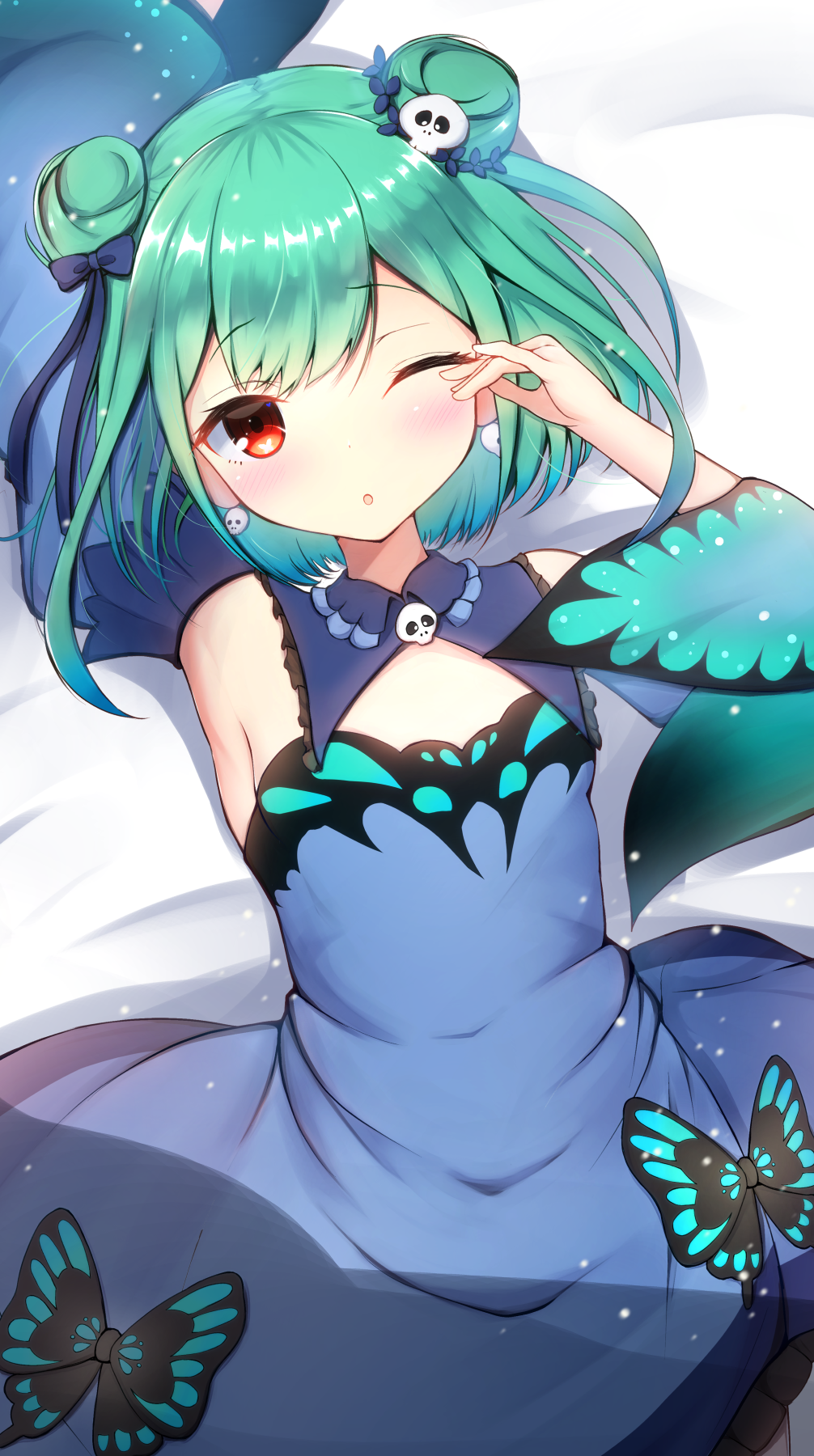 1girl ;o bare_shoulders bed_sheet blue_bow blue_dress blue_sleeves blush bow bug butterfly commentary_request detached_sleeves double_bun dress green_hair hair_bow hair_ornament hand_up highres hololive insect long_sleeves looking_at_viewer lying on_back one_eye_closed parted_lips pillow red_eyes skull_hair_ornament sleeveless sleeveless_dress solo uruha_rushia virtual_youtuber ymd_(holudoun)