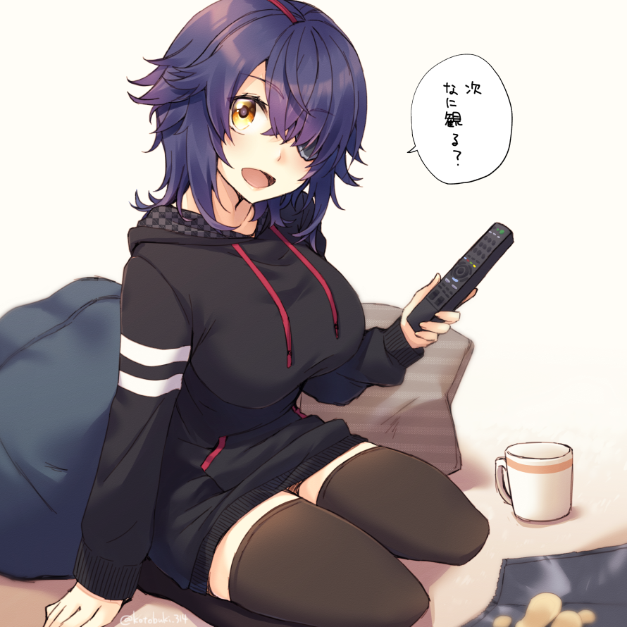 1girl alternate_costume artist_name black_legwear blush breasts brown_eyes coffee_mug controller cup eyebrows_visible_through_hair eyepatch hair_over_one_eye holding_remote_control hood hoodie kantai_collection kotobuki_(momoko_factory) large_breasts long_sleeves looking_at_viewer messy_hair mug open_mouth purple_hair remote_control seiza short_hair sitting smile solo speech_bubble tenryuu_(kantai_collection) thigh-highs translated twitter_username