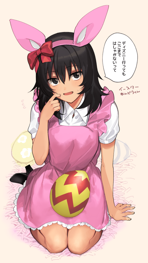 1girl alternate_costume andou_(girls_und_panzer) animal_ears bangs black_eyes black_footwear black_hair boots bow collared_shirt commentary dark_skin dress easter easter_egg egg fake_animal_ears finger_to_face flying_sweatdrops frilled_dress frills girls_und_panzer hair_bow head_tilt high_heel_boots high_heels light_blush light_smile looking_at_viewer medium_dress medium_hair messy_hair open_mouth pink_dress rabbit_ears red_bow seiza shirt short_sleeves sitting smile solo sweatdrop tan3charge translated white_shirt