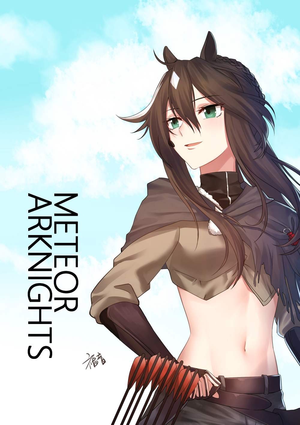 1girl animal_ears arknights arrow bangs belt black_hair blue_sky brown_shirt character_name clouds copyright_name crop_top day eyebrows_visible_through_hair gogatsu_fukuin green_eyes grey_capelet hair_between_eyes highres horse_ears long_hair long_sleeves meteor_(arknights) midriff navel outdoors parted_lips shirt sky smile solo stomach upper_body